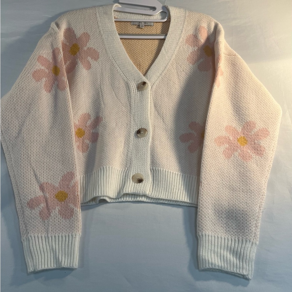 Love Tree Daisy Knit Cardigan - Cream and Pink Button Up Sz Sm Retro Acrylic